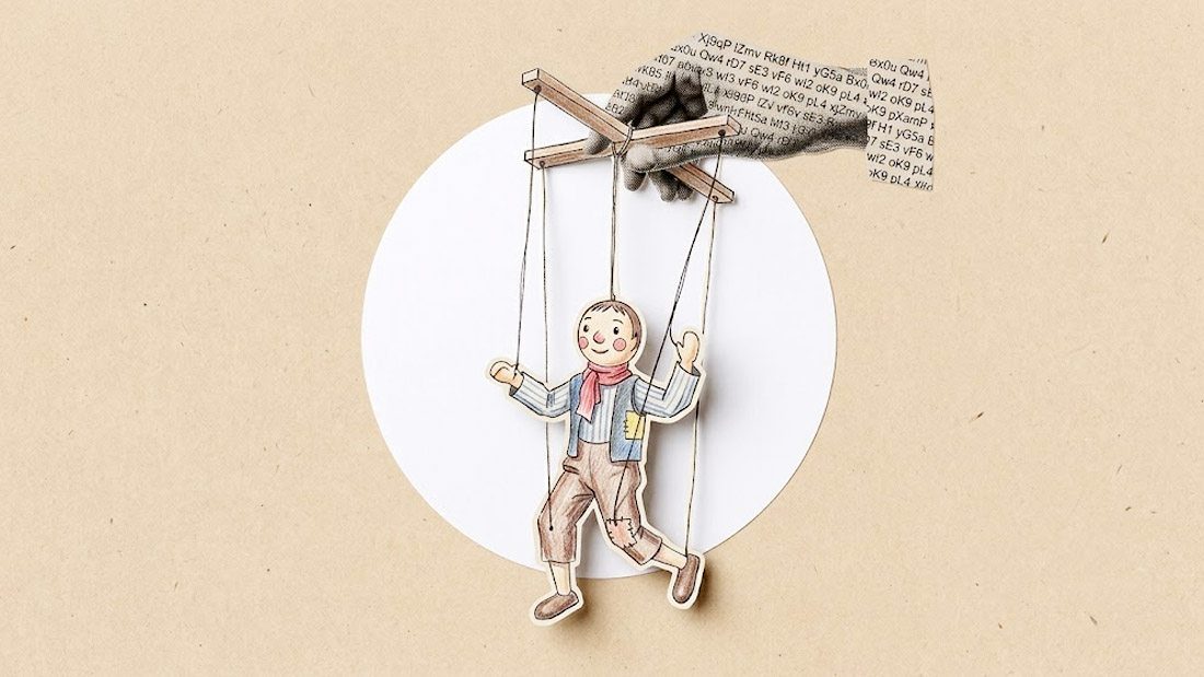 A hand textured with digital code acts as a puppeteer, manipulating the strings of a simple, hand-drawn boy marionette.