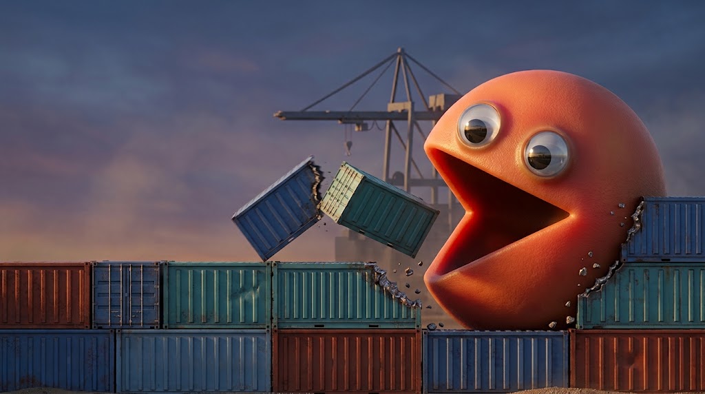 A giant cartoon creature happily munching through a stack of shipping containers like wafers