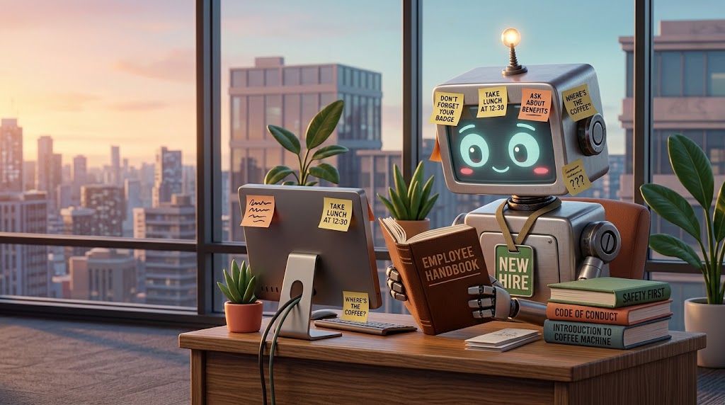 A cartoon robot on its first day of work, wearing a new-hire badge and reading an employee handbook covered in sticky notes