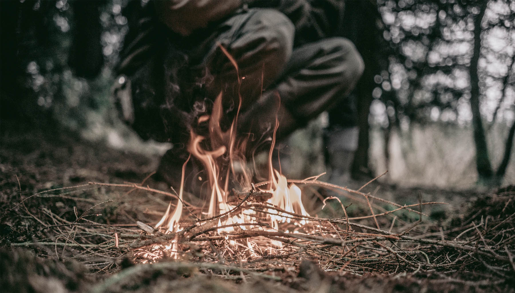 A photo of a person burning some twigs in the jungle