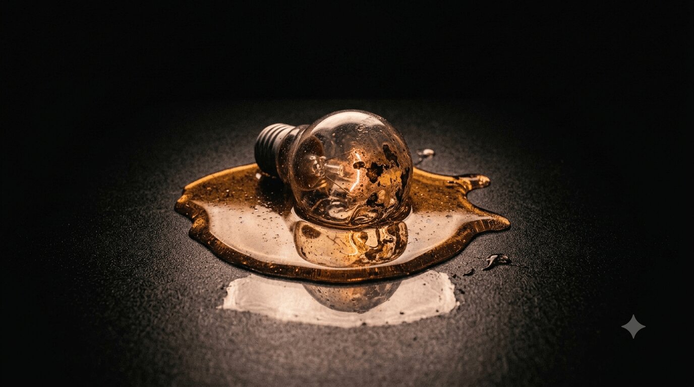 A dark-field macro photograph of an antique, encrusted light bulb resting on a dark surface, surrounded by a large, glowing puddle of golden, viscous fluid.