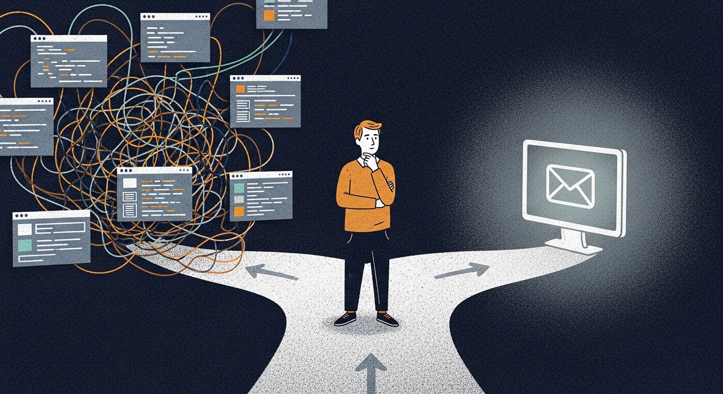 An illustration of a person holding their chin thinking, while one side represents complex screens and the other side is clear idea