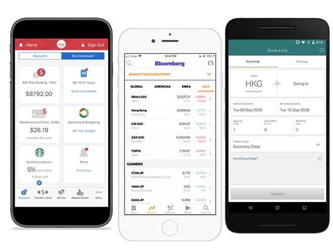 Screenshot of three mobile apps