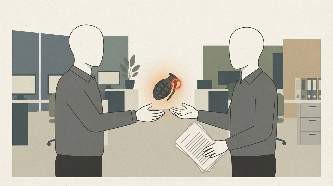 Illustration of two faceless office workers passing a glowing hand grenade between them, one holding a stack of papers.